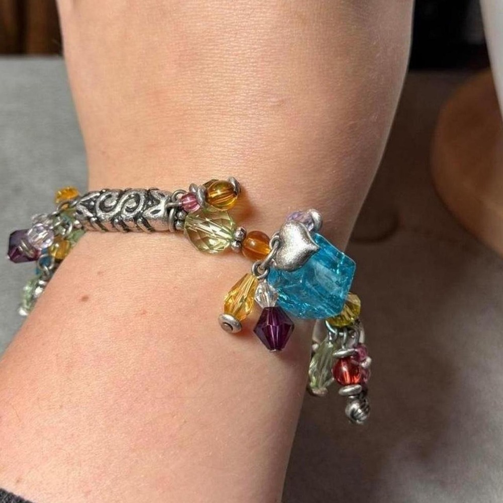 Y2K Multicolor Charm Bracelet Silver Tone Crystal Beaded Colorful Chunky 7"